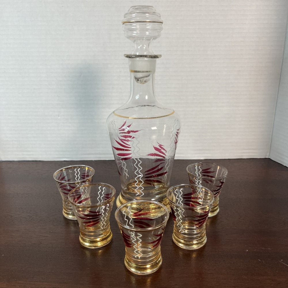 Vintage MCM Art Deco Venetian Decanter & Shot Glasses Liquor Set Red Gold Clear